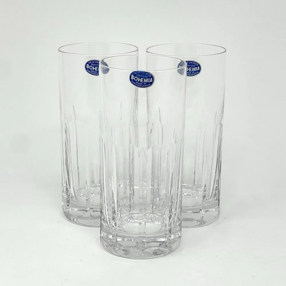 Bohemia Cut Crystal Clear Highball Glasses 5.75” Set Of 3 Original Stickers